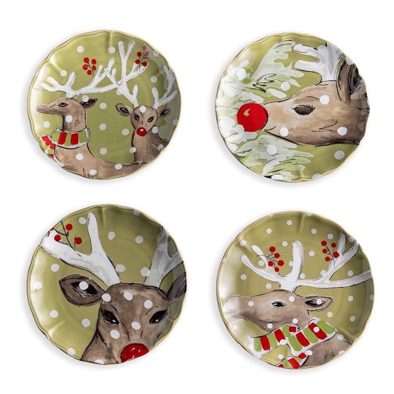 Deer Portrait Dessert Plates, Set of 4 - Green